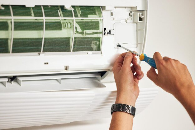 maintenance air conditioner hands man with screwdriver problem solving machine aircon ac repair handyman service with technician electrician contractor working ventilation 590464 208787