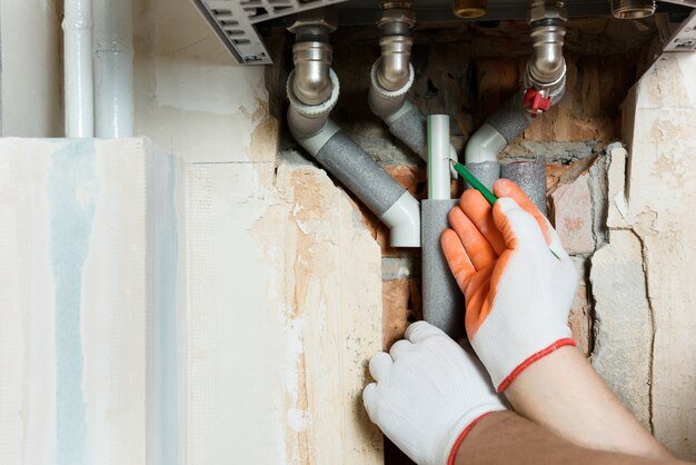 worker is installing gas boiler pipes